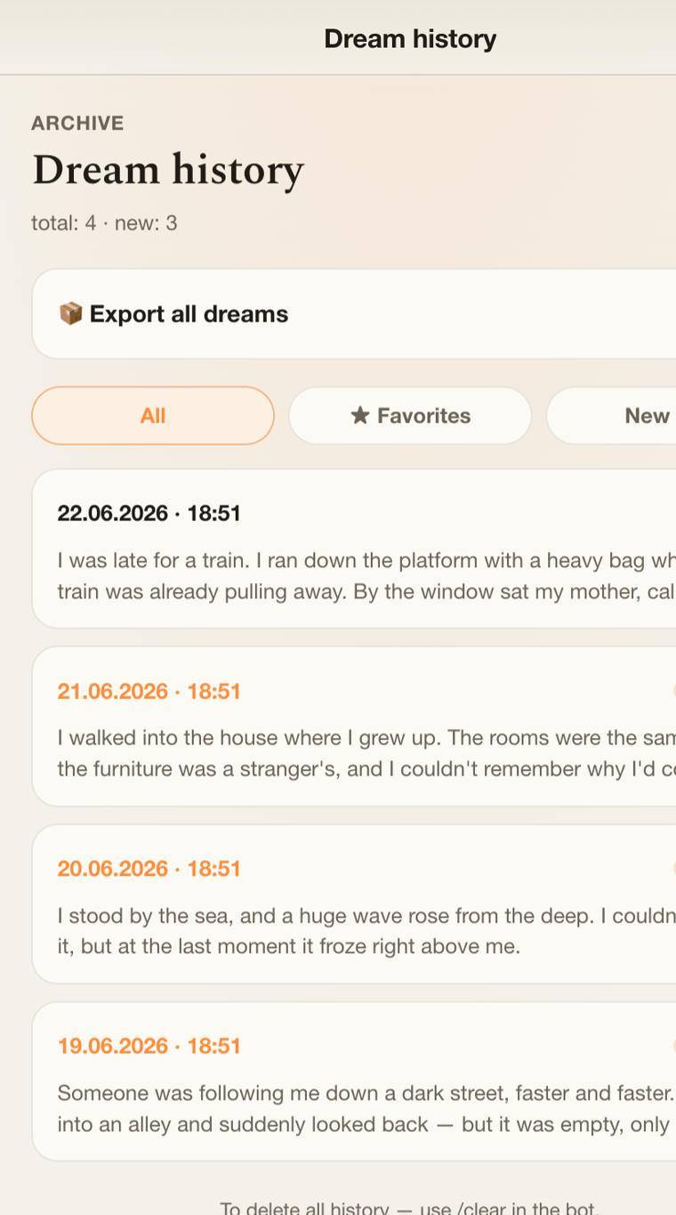 Dream archive with notes and dates